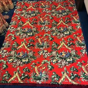 An incredible chinoiserie vatdyed. scarlet barkcloth piece perfect 48x116 1940s